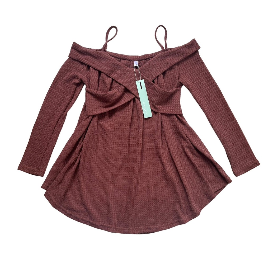 Dressfo Womens M Mauve Waffle Knit Cold Shoulder Long Sleeve Crossover Tunic Top